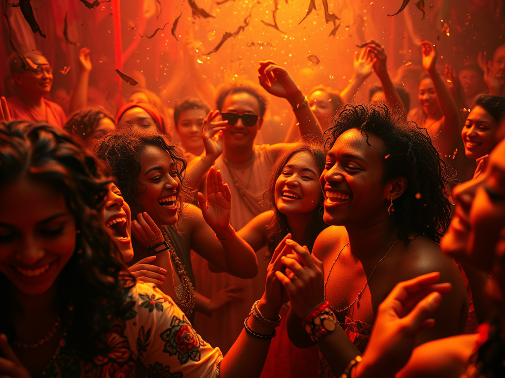 Un gruppo di persone si diverte in una festa vivace, ridendo e ballando insieme, con un'illuminazione calda e festosa.