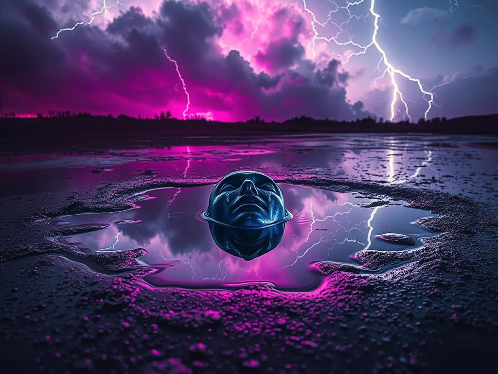 Un riflesso di una testa in una pozzanghera, sotto un cielo tempestoso con lampi e nuvole di colori viola e blu.