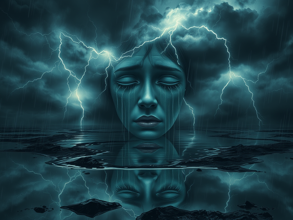 Volto di una donna con espressione triste, circondato da nuvole scure e lampi, con lacrime che scorrono sul suo viso, riflesso in una superficie d'acqua calma.