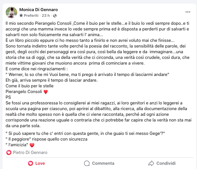 Post di Monica Di Gennaro su Pierangelo Consoli, discussione su un libro che esplora temi di poesia, sensibilità e il lasciare andare.