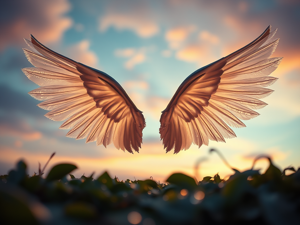 Ali grandi e luminosi in contro luce, con nuvole e un paesaggio naturale sullo sfondo.