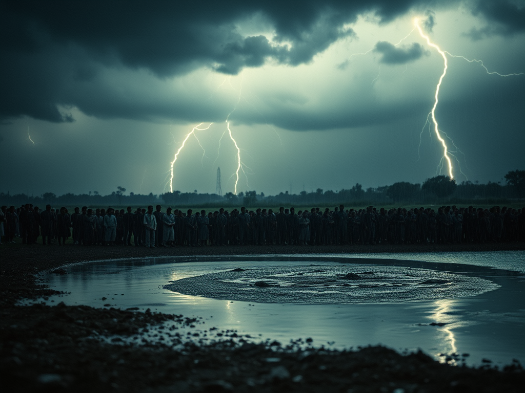 A crowd stands under a dark sky illuminated by lightning, with rain falling and reflecting in a shallow pool of water in the foreground.