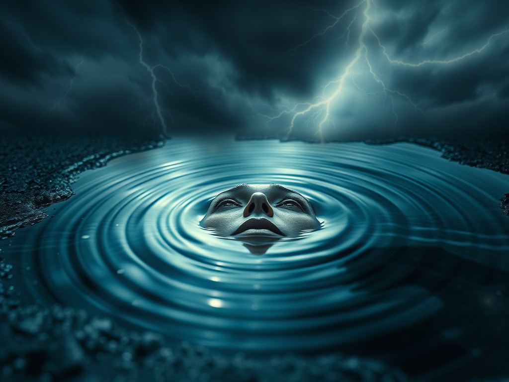 Una figura umana parzialmente immersa in acqua, con un'espressione di tristezza, sotto un cielo tempestoso con fulmini e nuvole scure.