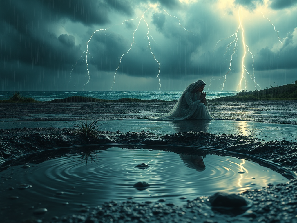 A woman in a flowing white dress sits on a wet shoreline, holding her knees close, surrounded by a stormy atmosphere with dark clouds, heavy rain, and lightning illuminating the sky.