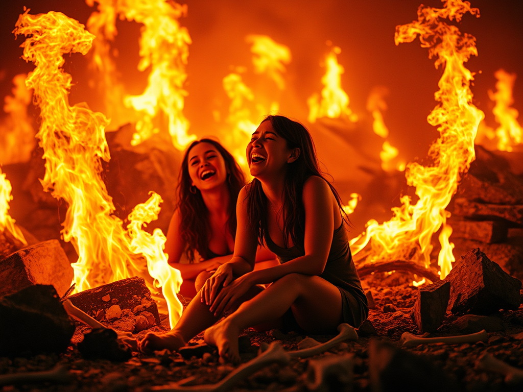 Due donne ridono gioiosamente sedute davanti a fiamme ardenti in un ambiente infuocato.