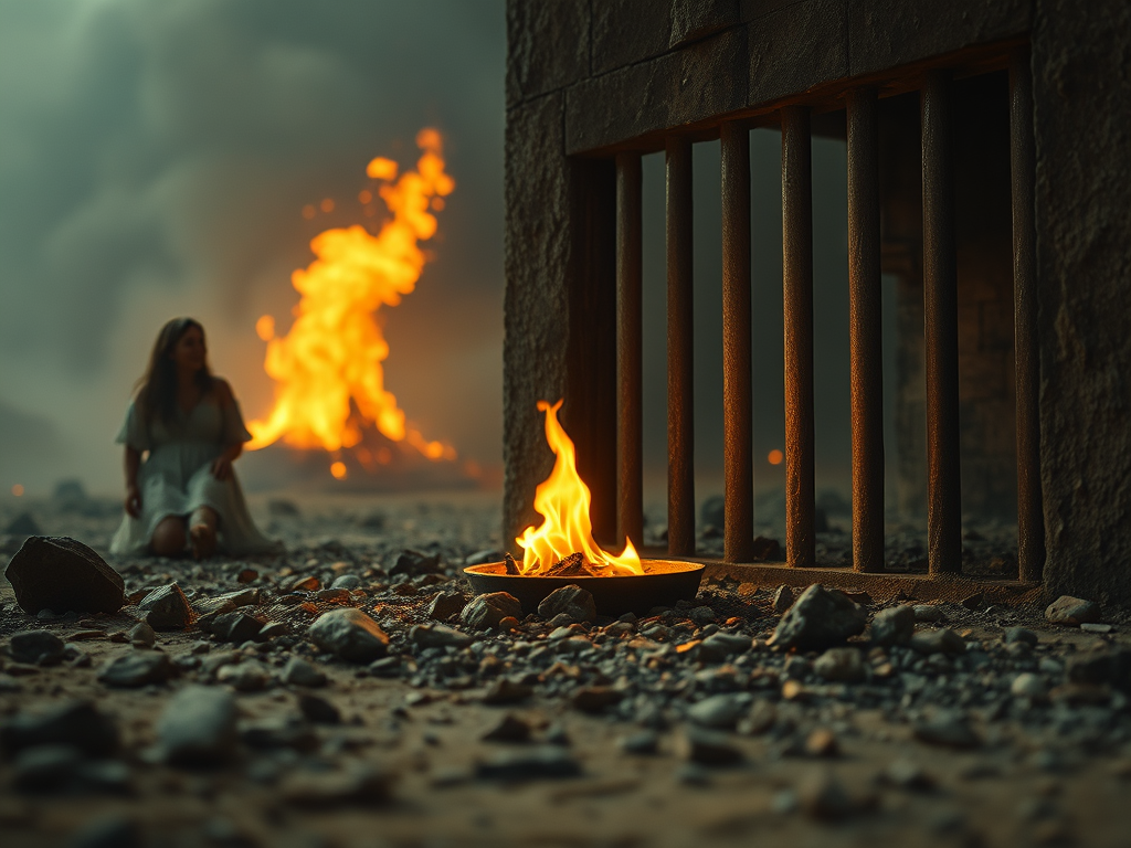 Una donna in abiti chiari si inginocchia su una superficie rocciosa, di fronte a una prigione con sbarre. Sullo sfondo, un grande incendio illumina il cielo grigio.