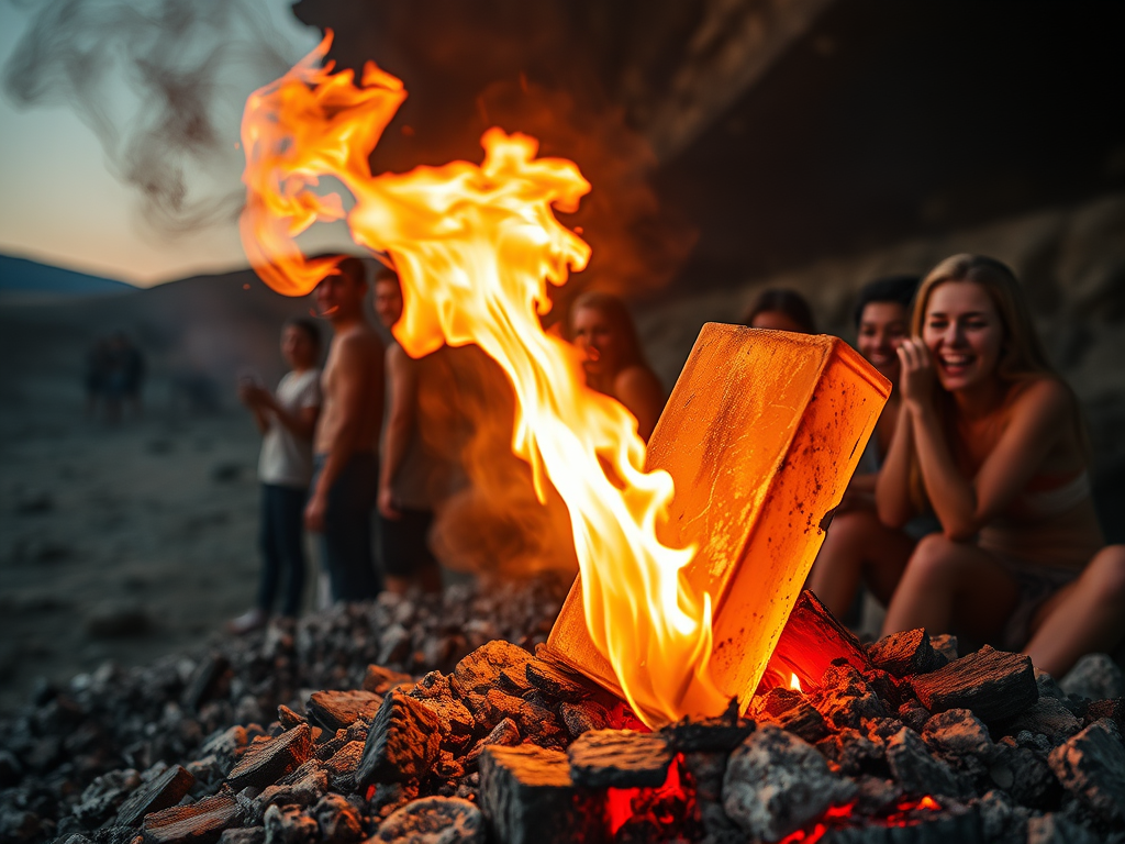 Un blocco di legno che brucia con fiamme vivaci, mentre un gruppo di persone ride e si rilassa sullo sfondo in un ambiente all'aperto.