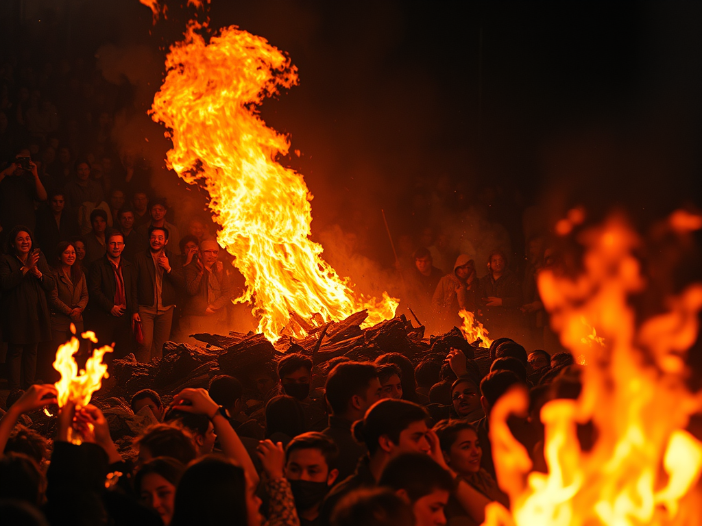 Folla di persone che osserva un grande falò durante una celebrazione, con fiamme alte e avvolgenti che si alzano nel cielo.