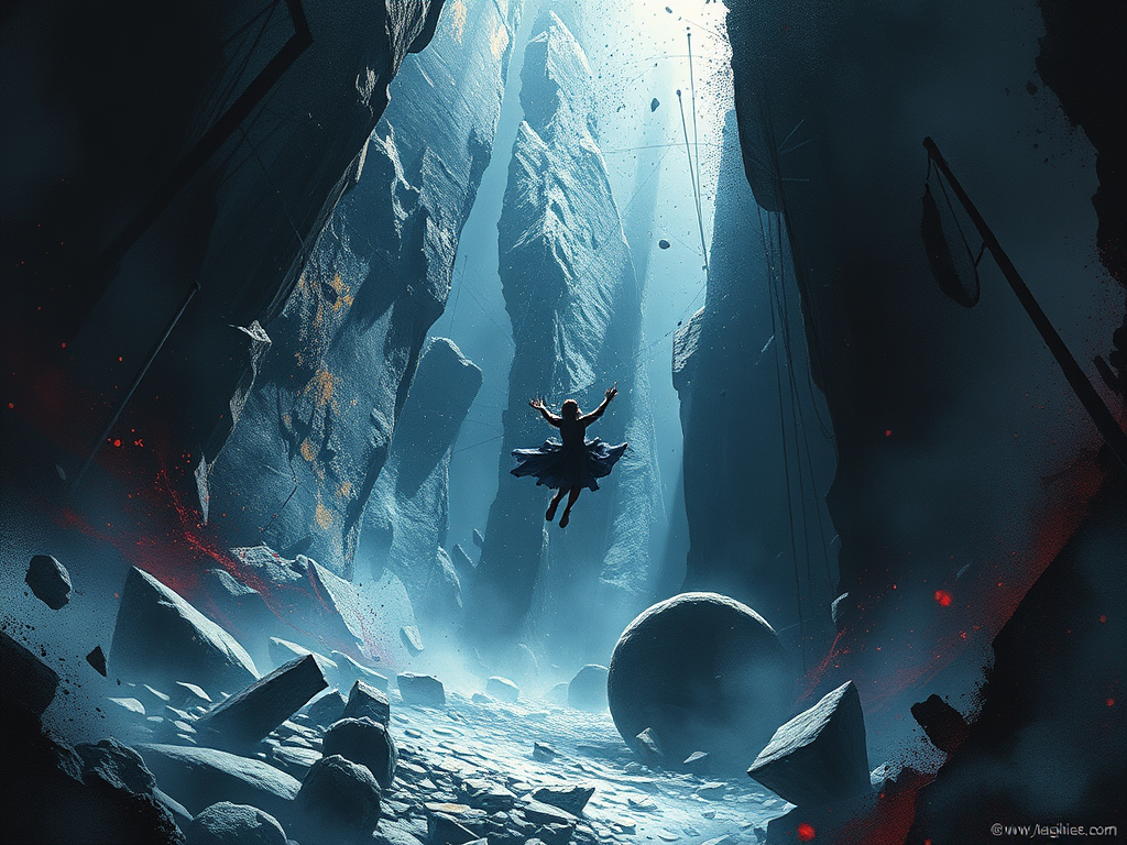 Un paesaggio surreale con un personaggio fluttuante in una profonda fenditura tra le rocce, circondato da macerie e un'atmosfera luminescente.