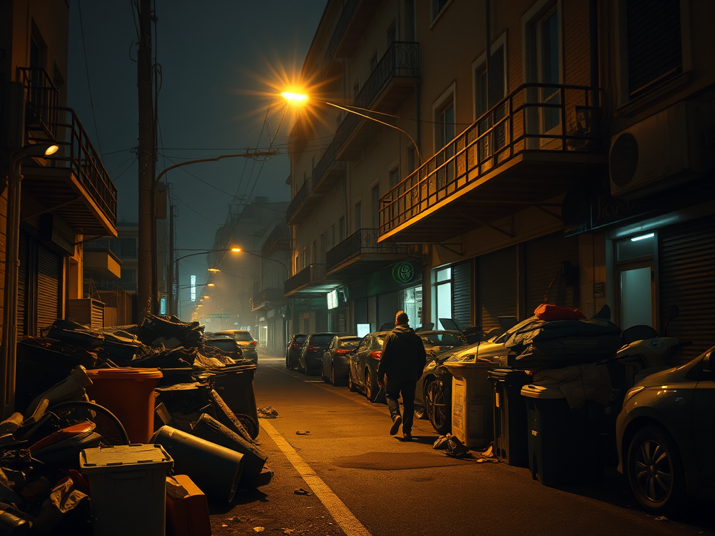 Una strada notturna con sacchi di rifiuti accatastati e un uomo che cammina.