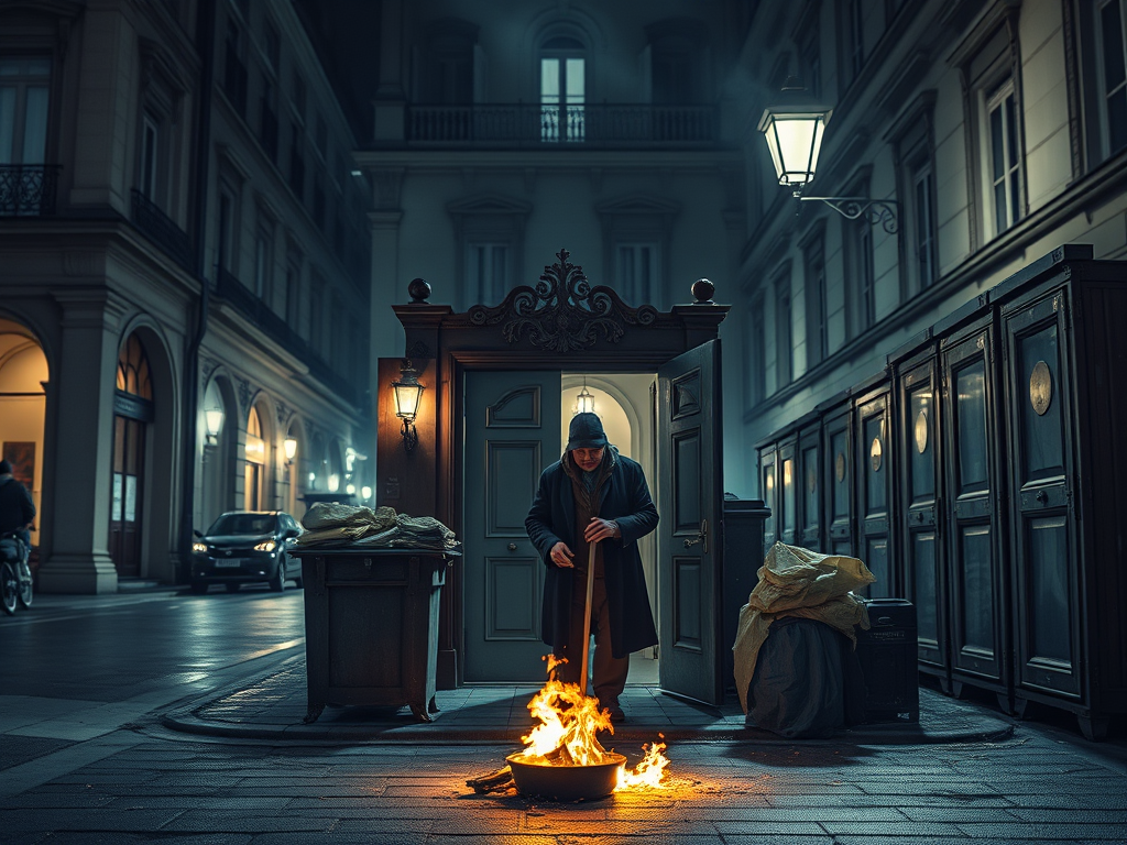Un uomo in piedi di fronte a una porta aperta, mentre accudisce un fuoco in un pentolone nella notte di una città lampionata.