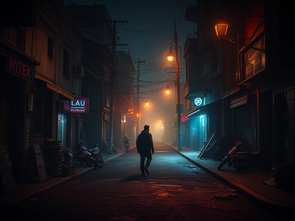 Una strada deserta di notte, illuminata da luci al neon e lampioni, con una figura solitaria che cammina tra edifici e motociclette parcheggiate.