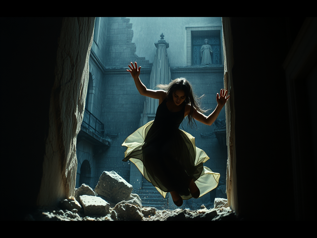 Una donna in un abito lungo fluttuante salta da un'entrata buia su macerie, mentre una luce blu attraversa un ambiente architettonico desolato.