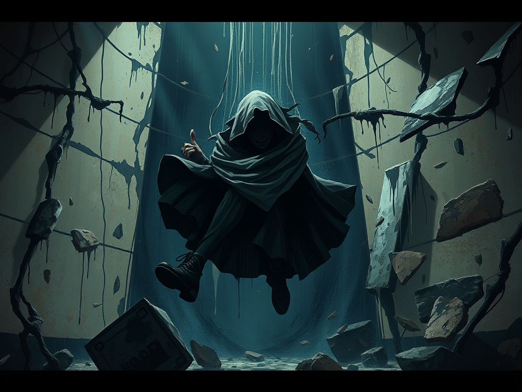 Un individuo misterioso in un mantello scuro fluttua in un ambiente sotterraneo in rovina, circondato da macerie e pareti incrinate.