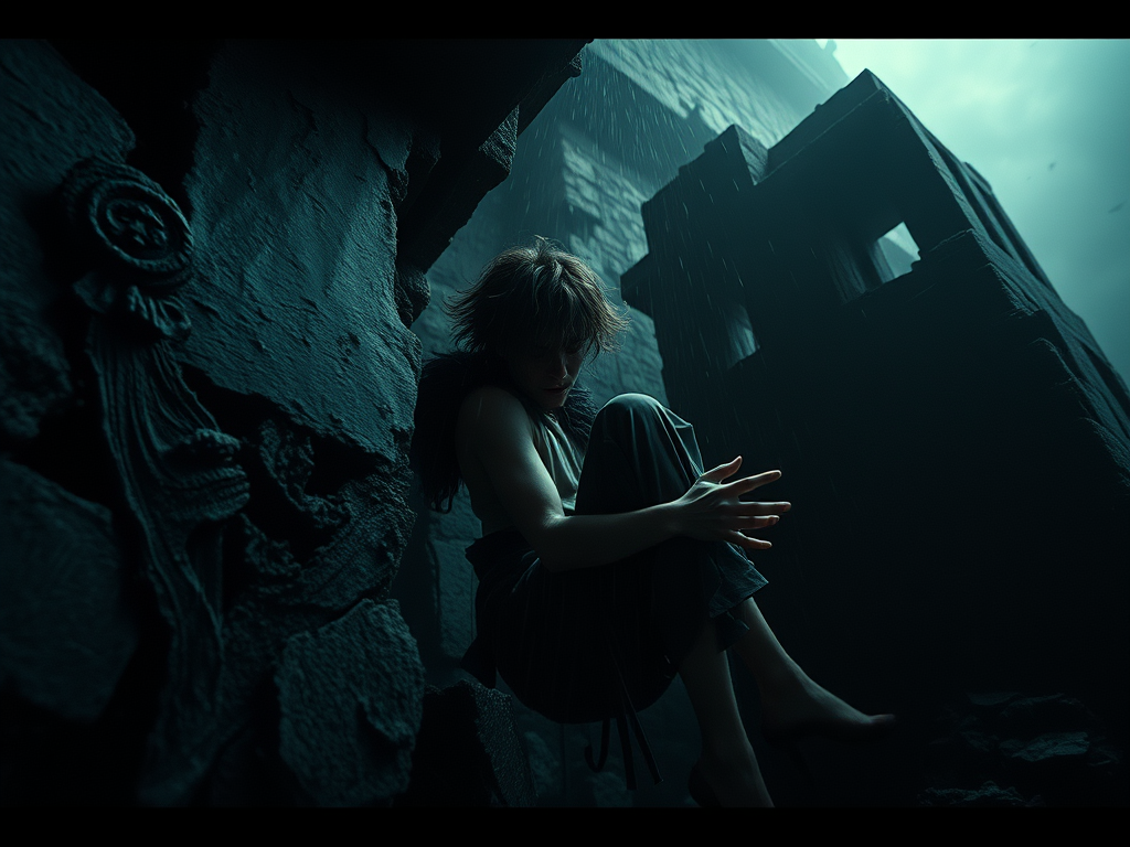 Una figura seduta in un ambiente oscuro e roccioso, con pioggia che oscilla sopra di essa, creando un'atmosfera malinconica.
