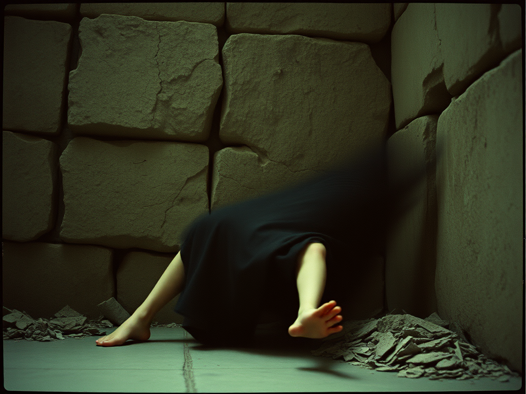 Una figura in un abito nero inginocchiata in un angolo di un'area con pareti di pietra, visibilmente in uno stato di vulnerabilità. I detriti giacciono a terra.
