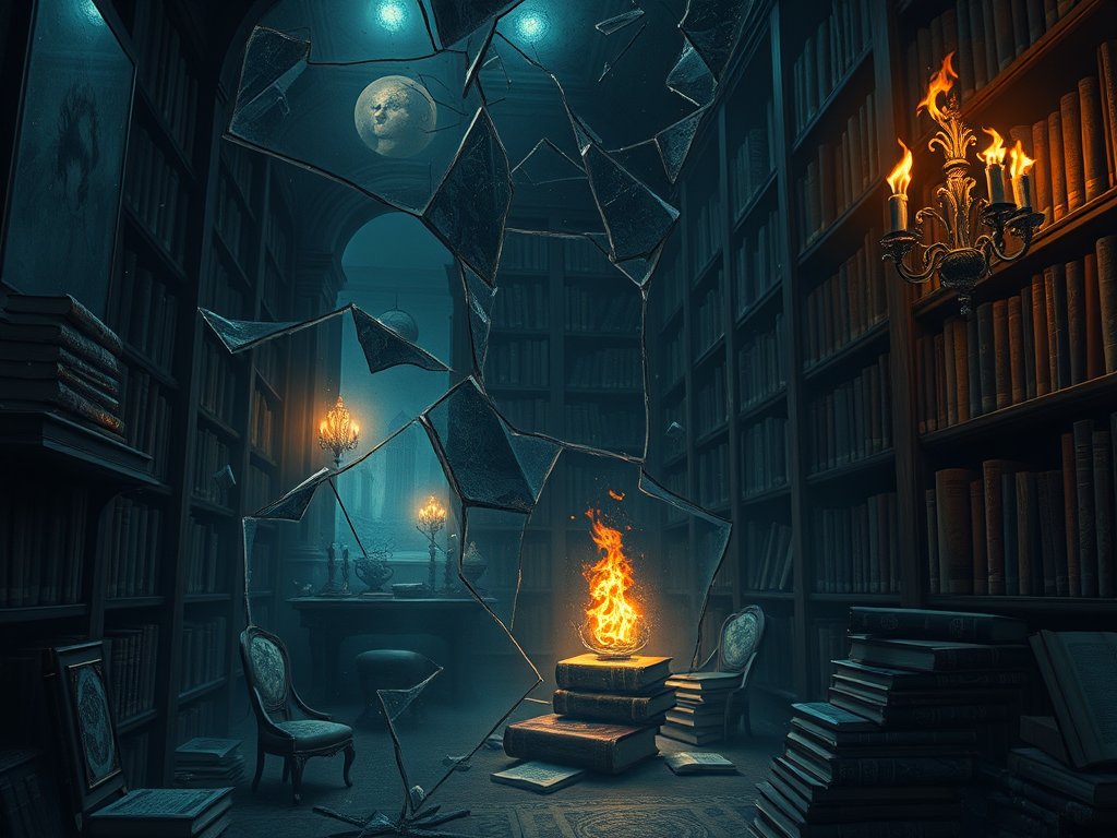 Una biblioteca antica con scaffali pieni di libri, un grande specchio rotto e una fiamma che brucia su un libro aperto, illuminata da candelabri.