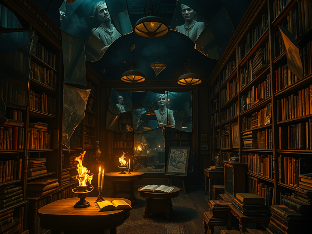 Interno di una biblioteca buia e affascinante, con scaffali pieni di libri e ritratti sospesi in opere d'arte. Due candele ardono su un tavolo in legno, creando un'atmosfera magica e misteriosa.