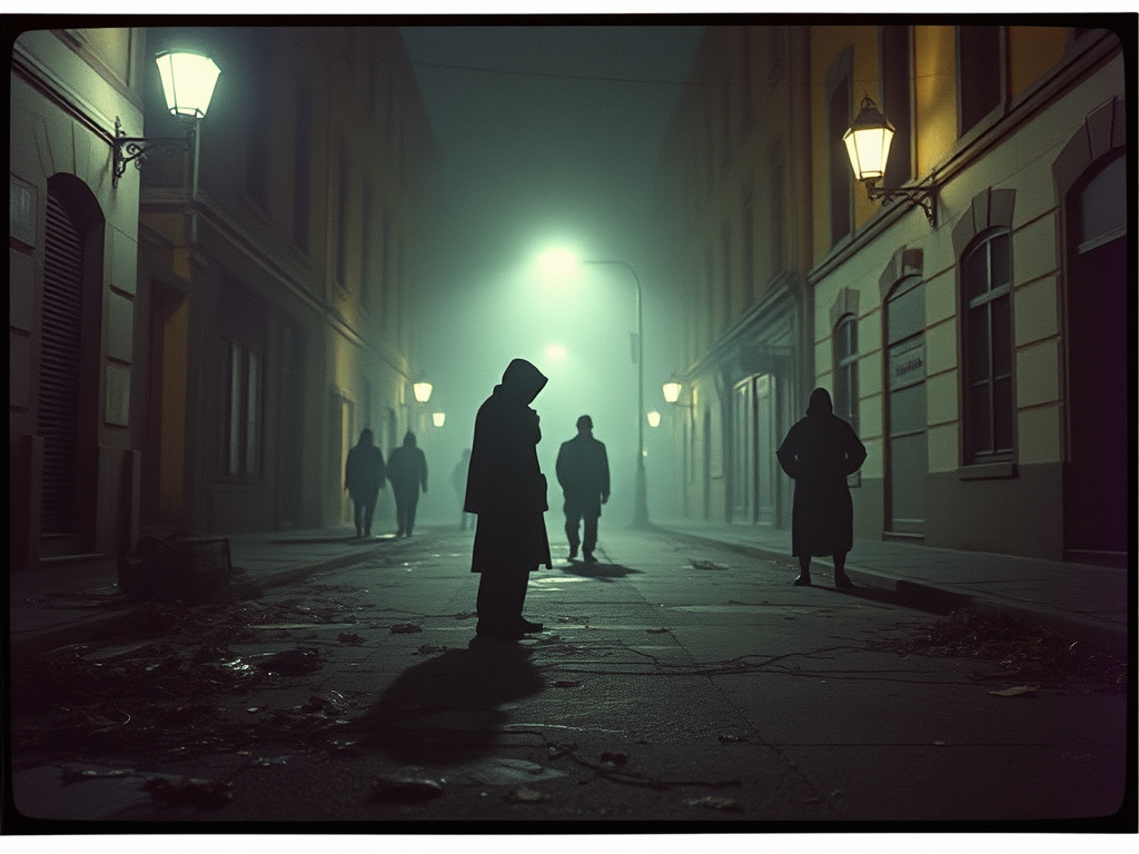 Una strada deserta e nebbiosa di notte, con figure scure in lontananza e lampioni illuminati ai lati.