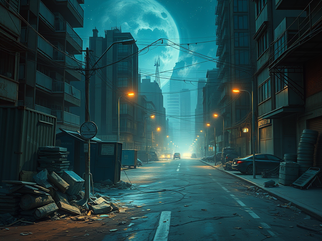 Una strada deserta di notte in una città abbandonata, con edifici alti e un grande luna nel cielo. Rifiuti e materiali da costruzione sono sparsi lungo il marciapiede.