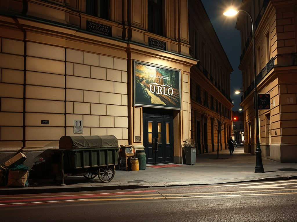 Insegna di un ristorante chiamato 'URLO' con un dipinto affianco, vista notturna di una strada e un carretto verde parcheggiato.