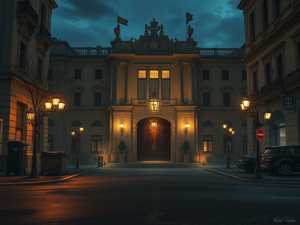 Facciata di un elegante edificio storico illuminato di sera, con lampioni accesi e una porta d'ingresso adornata. Il cielo è nuvoloso, creando un'atmosfera suggestiva.