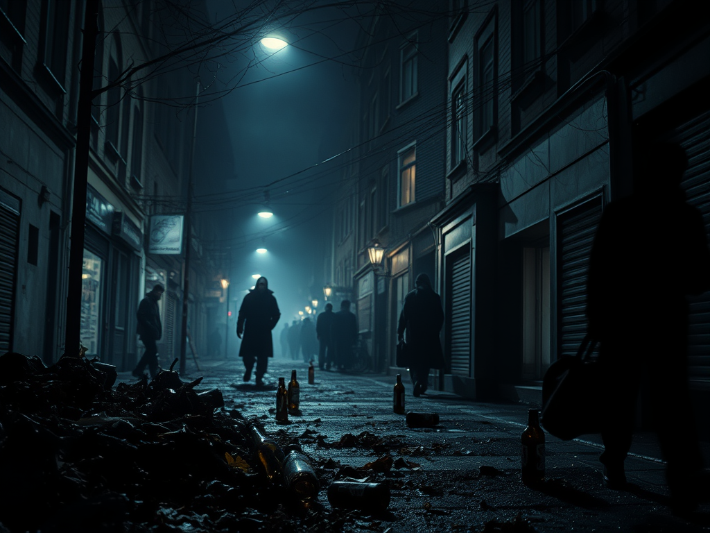 Una strada deserta di notte con figure scure che camminano, illuminate da lampioni. Rifiuti e bottiglie sparse lungo il marciapiede.