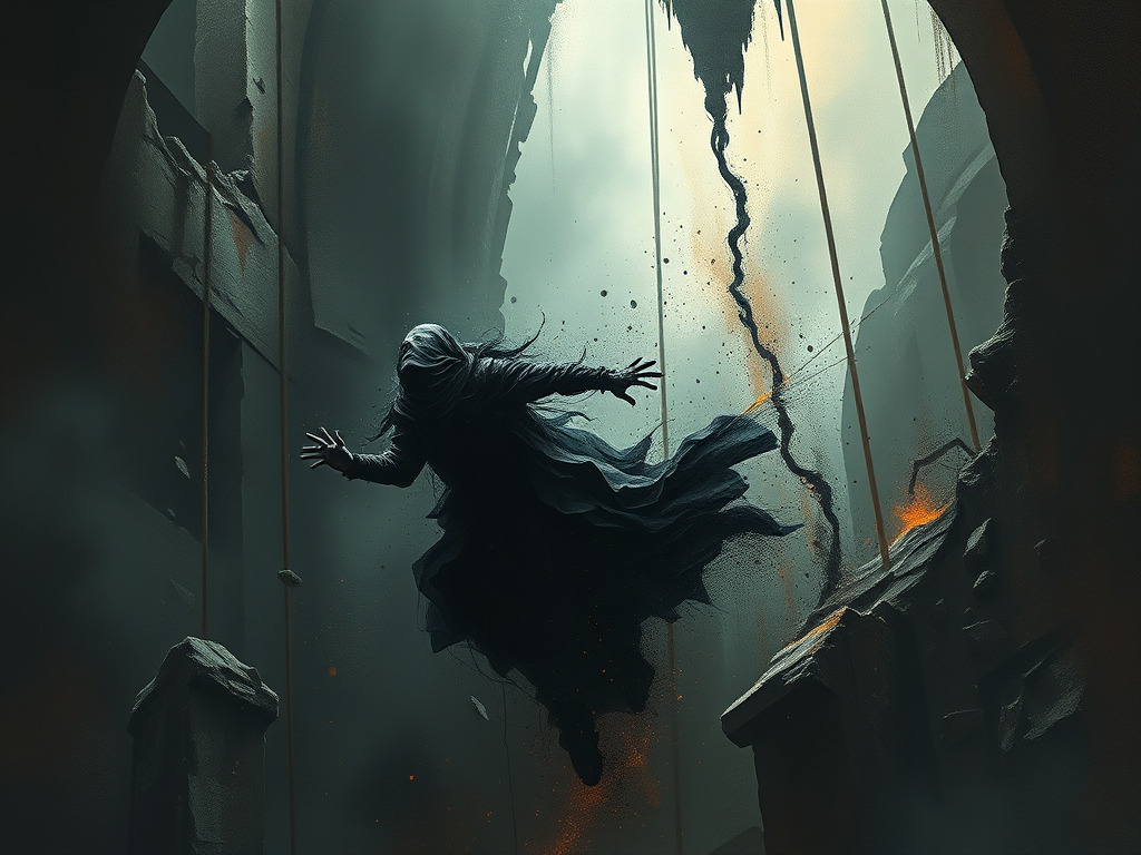 Un'ombra avvolta in un mantello nero fluttua nel vuoto tra rovine oscurate, con detriti che volano attorno a lei.