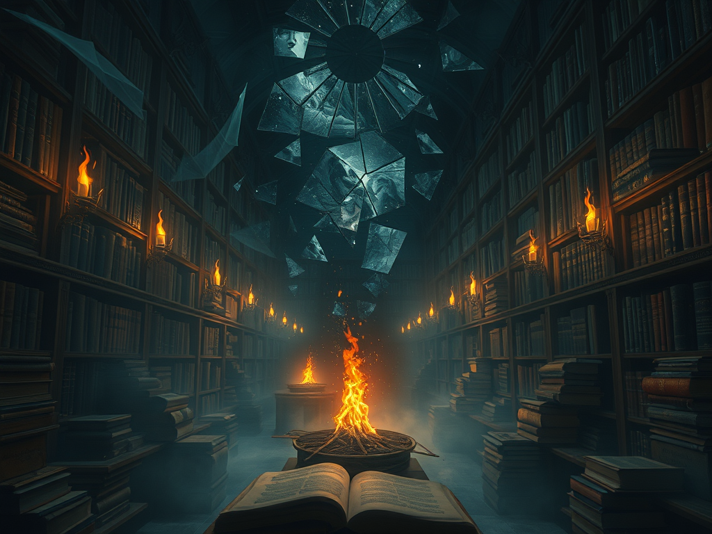 Interno di una biblioteca oscura con scaffali pieni di libri, illuminata da lanterne e un fuoco centrale ardente.