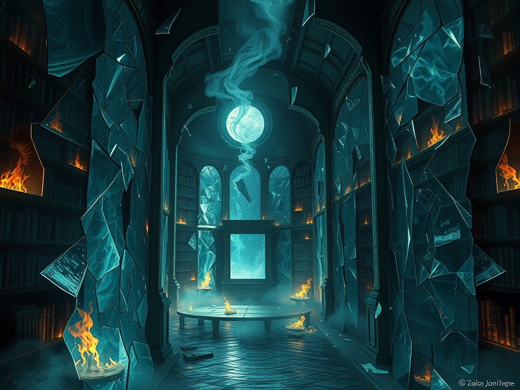 Interno di una biblioteca misteriosa con scaffali di libri, fiamme che ardono, pareti di vetro frantumato e una grande luna visibile attraverso una finestra.