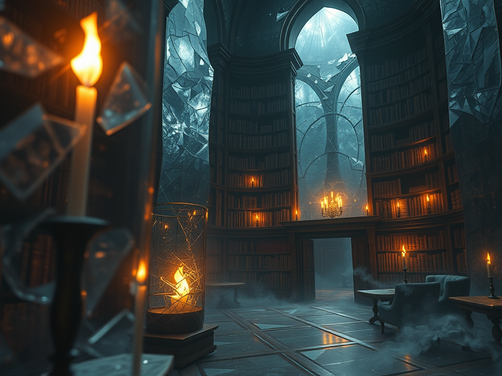 Interno di una biblioteca cupa e misteriosa, illuminata da candele e un lampadario. Scaffali pieni di libri si ergono sulle pareti, con una grande finestra che lascia filtrare la luce. Atmosfera nebbiosa.