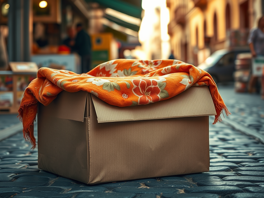 Una scatola di cartone con una coperta arancione decorata, posizionata su una strada acciottolata, con sfondo sfocato di negozi e persone.