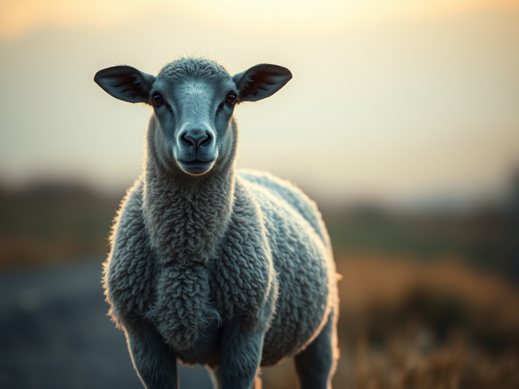 Pecora sorridente in un campo, con pelo morbido e luminoso, contro un sfondo sfocato al tramonto.