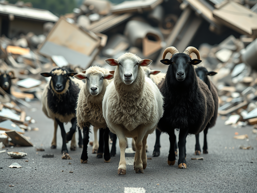 Un gruppo di pecore che cammina su una strada circondata da detriti e materiali distrutti.