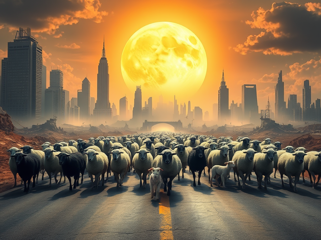 Un gruppo di pecore che attraversa una strada deserta di una città futuristica al tramonto, con un grande sole pieno sullo sfondo.