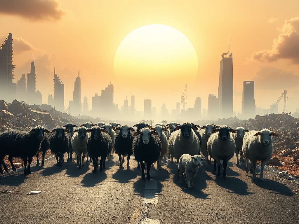 Un gruppo di pecore che cammina su una strada in un paesaggio urbano desolato, con grattacieli in rovina sullo sfondo e un grande sole al tramonto.