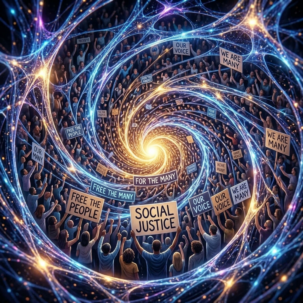 Glowing network of interconnected energy strands with sparkling particles in space