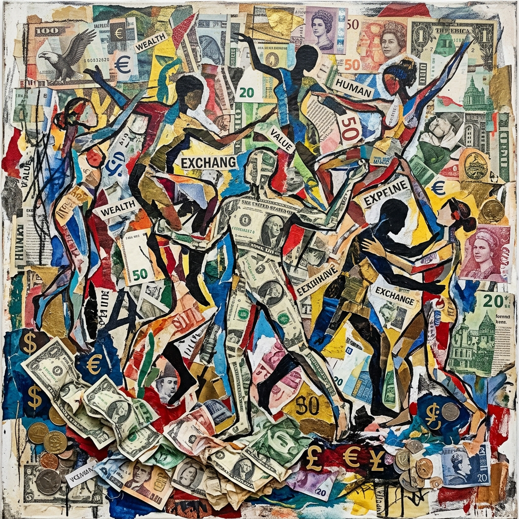 Silhouetted figures formed from assorted global banknotes and coins labeled with words like wealth, exchange, human, and value.