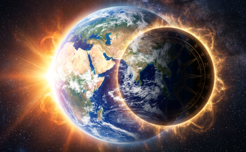 Solar eclipse with Earth partially covered by a dark circle displaying zodiac symbols around its edge