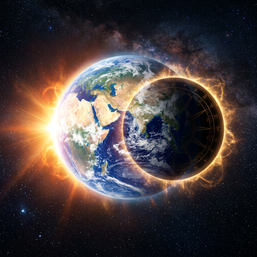 Solar eclipse with Earth partially covered by a dark circle displaying zodiac symbols around its edge