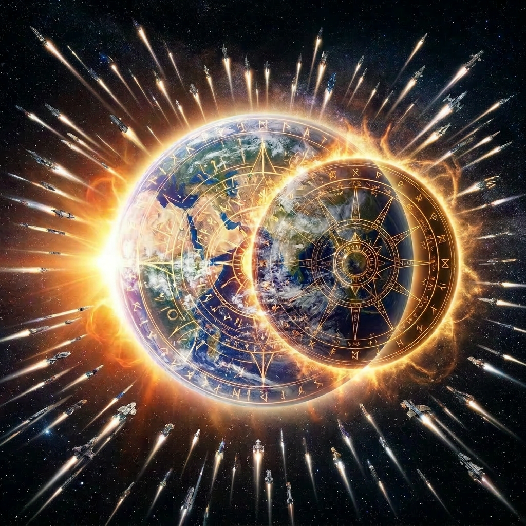 Solar eclipse with Earth partially covered by a dark circle displaying zodiac symbols around its edge