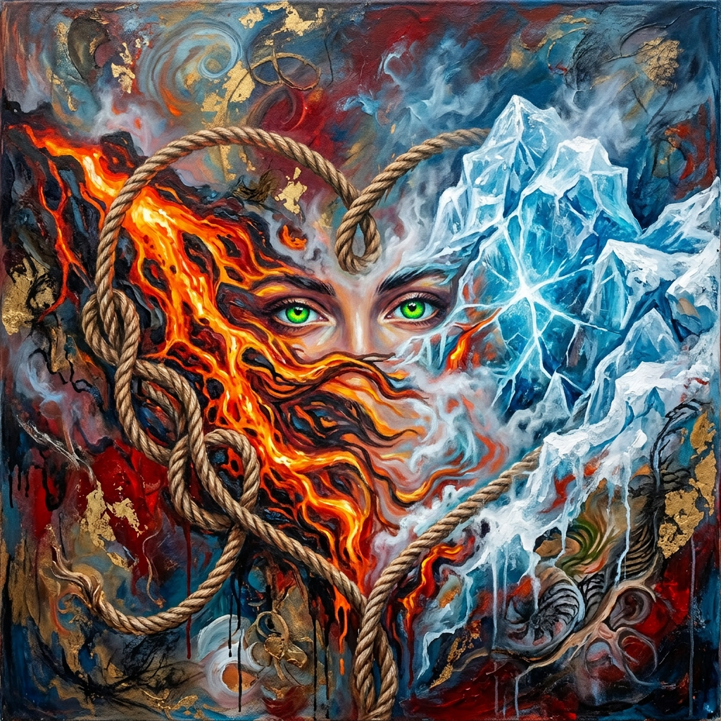 Interwoven fiery and icy elements with multiple human eyes inside a heart-shaped rope