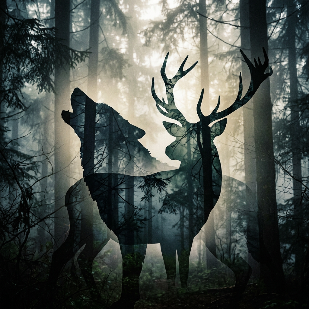 Silhouettes of a howling wolf and a deer with antlers overlaid on a misty forest background