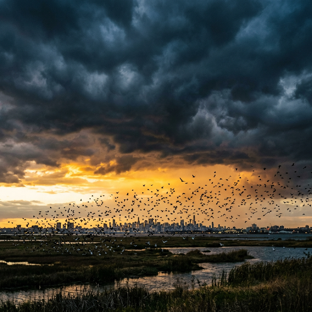 Flock of birds flying over wetlands with city skyline under dark clouds at sunset