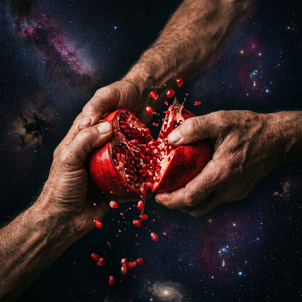 Hands breaking open a pomegranate with seeds falling, starry galaxy background