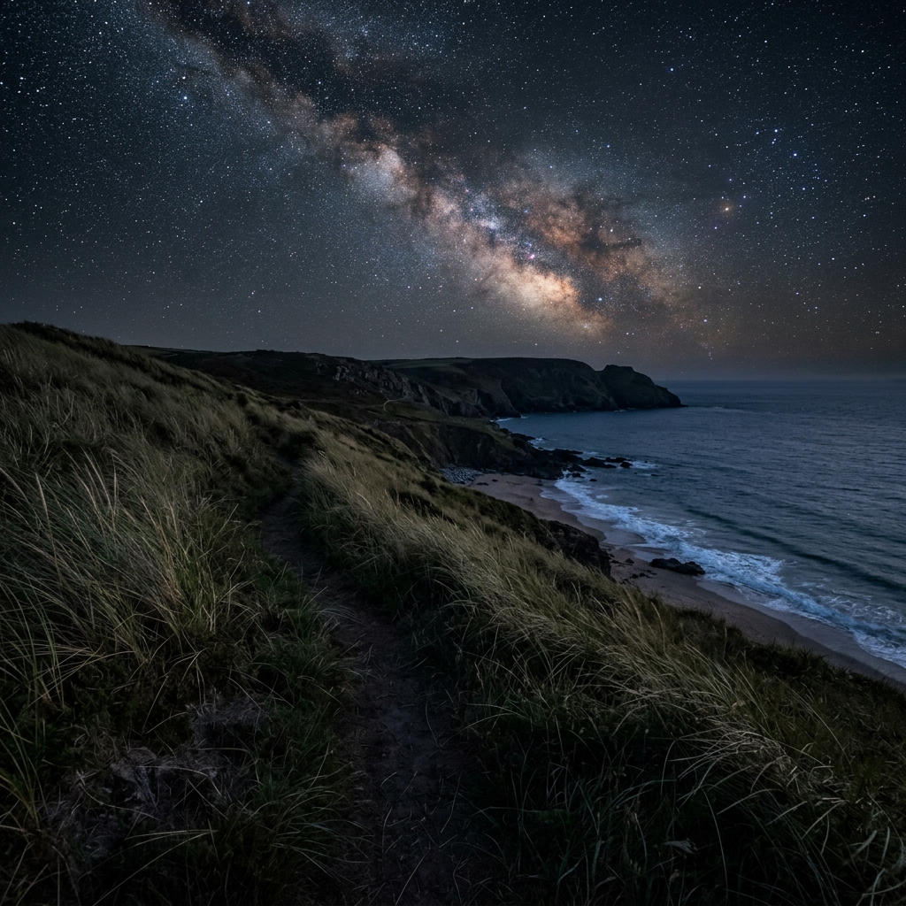Milky Way galaxy visible over a coastal landscape with cliffs, beach, and ocean at night