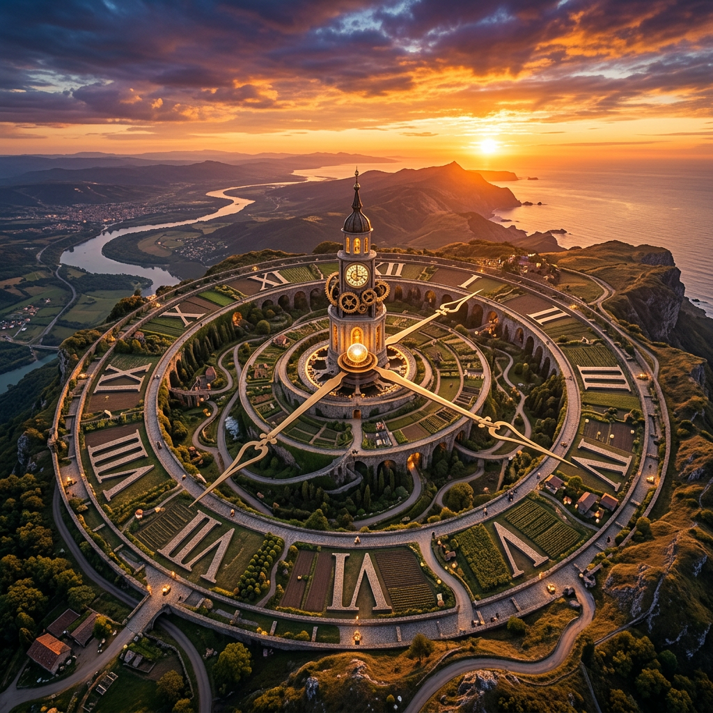 Clock tower with large circular Roman numeral clock and gardens on a mountain at sunset