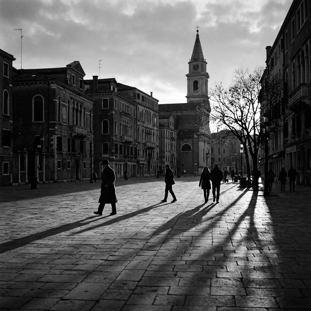 People walking in a historic city square with tall church tower and long shadows