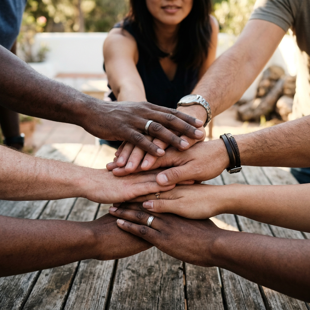 Several diverse hands stacked together over a wooden table