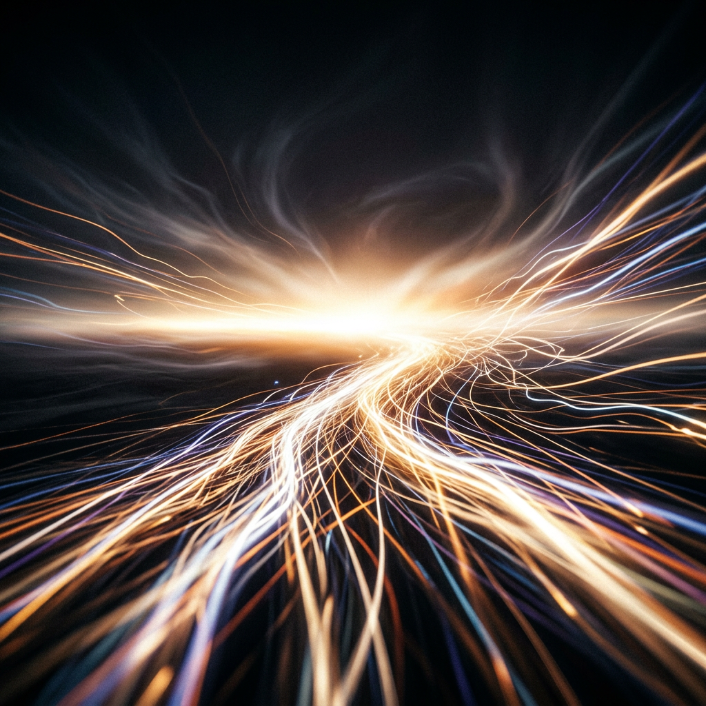 Bright intertwined light trails converging toward a glowing center on a dark background